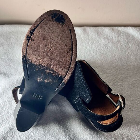 Frye Courtney Suede Black Sling Back Open Toe Heels Women’s size 6.5B - Picture 7 of 7